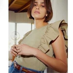 Nation LTD Ruffled Sleeve Olive Green Blouse Boho Coquette Women's L